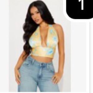Fashion Nova Yellow Satin Floral Halter Top with Blue Blooms